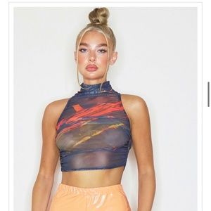 Red Striped Textured Print Sheer High Neck Ruched Crop Top